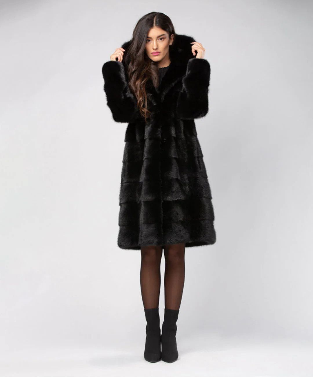 Image of Mink Fur Coat Women's Black Mink Coat With Hood