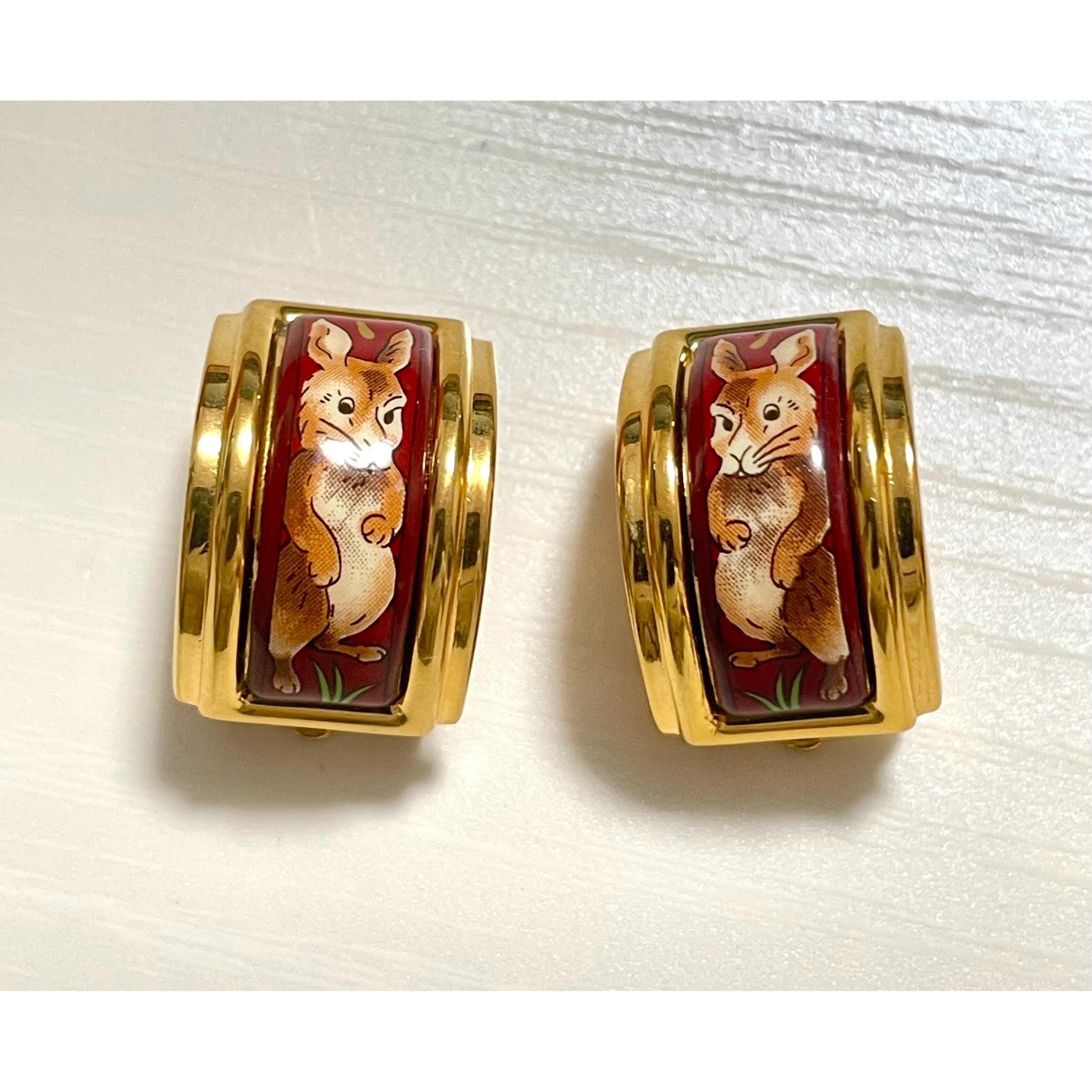 Hermes Vintage Hermes cloisonne enamel golden earrings with rabbit, Size ONE SIZE - 5 Thumbnail