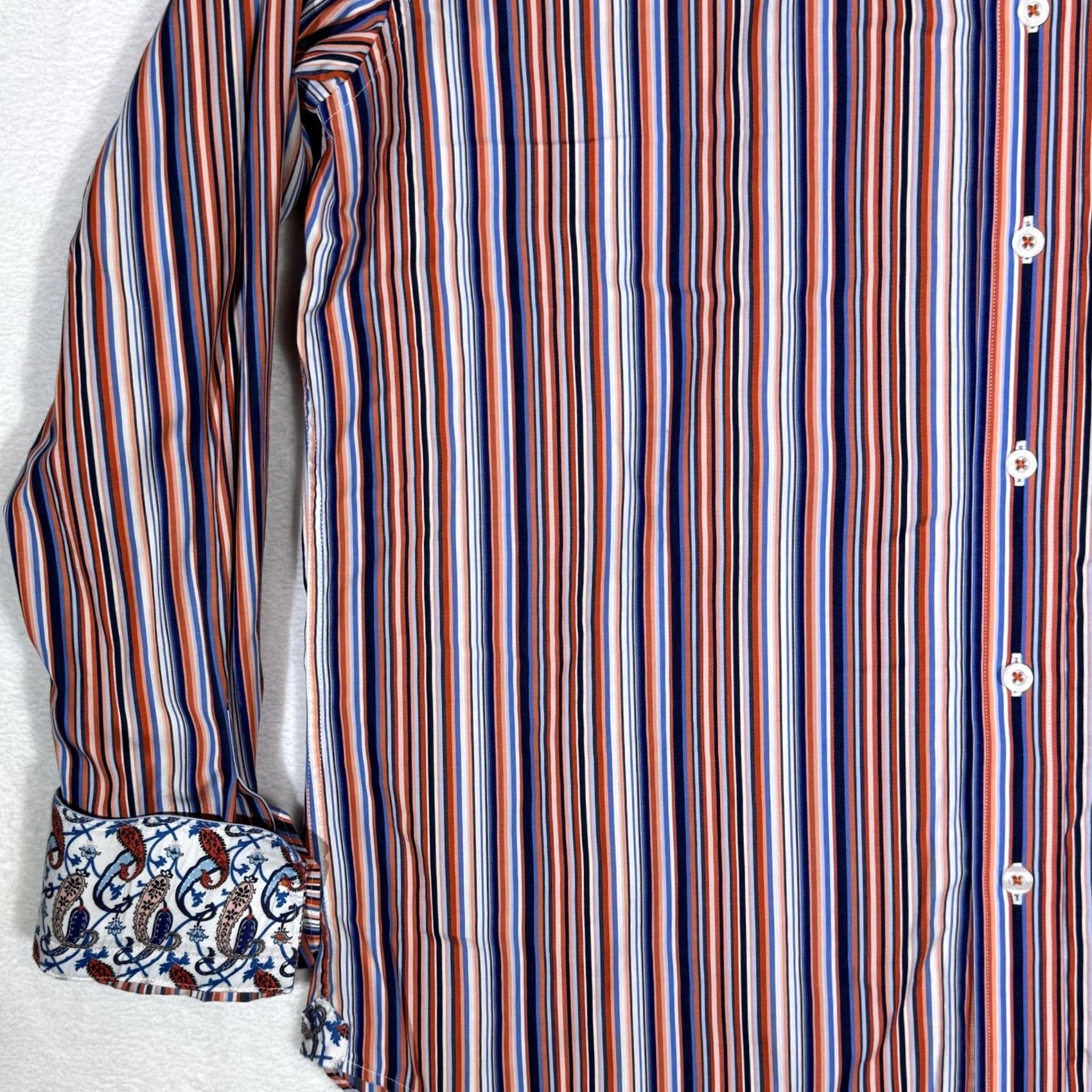Robert Graham Robert Graham Shirt Mens XL Orange Blue Stripe Long Sleeve Paisley Contrast Cuff Size US XL / EU 56 / 4 - 4 Thumbnail