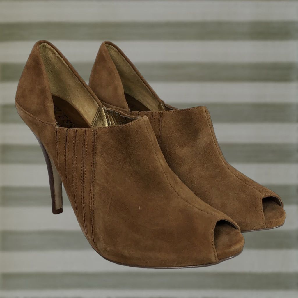 Guess GUESS Peep Toe Pump Camel Brown Suede 8M Women's Heel 4 1/2” Stiletto Pump Size 8M Brown Suede Pump Size US 8 / IT 38 - 1 Thumbnail