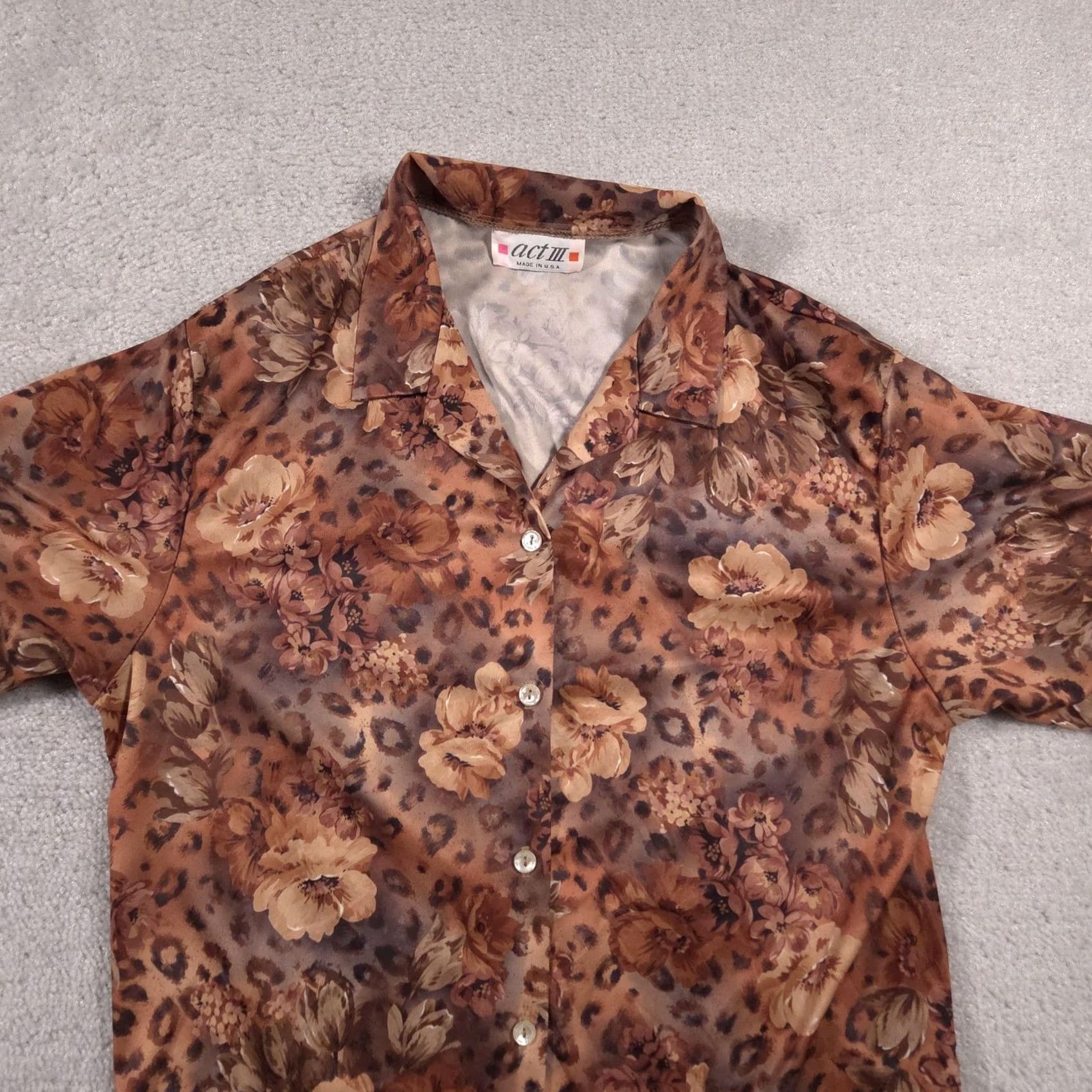 Vintage VINTAGE Act III Shirt Womens Large Brown Floral Animal Print Short Sleeve USA 90s Size L / US 10 / IT 46 - 3 Thumbnail