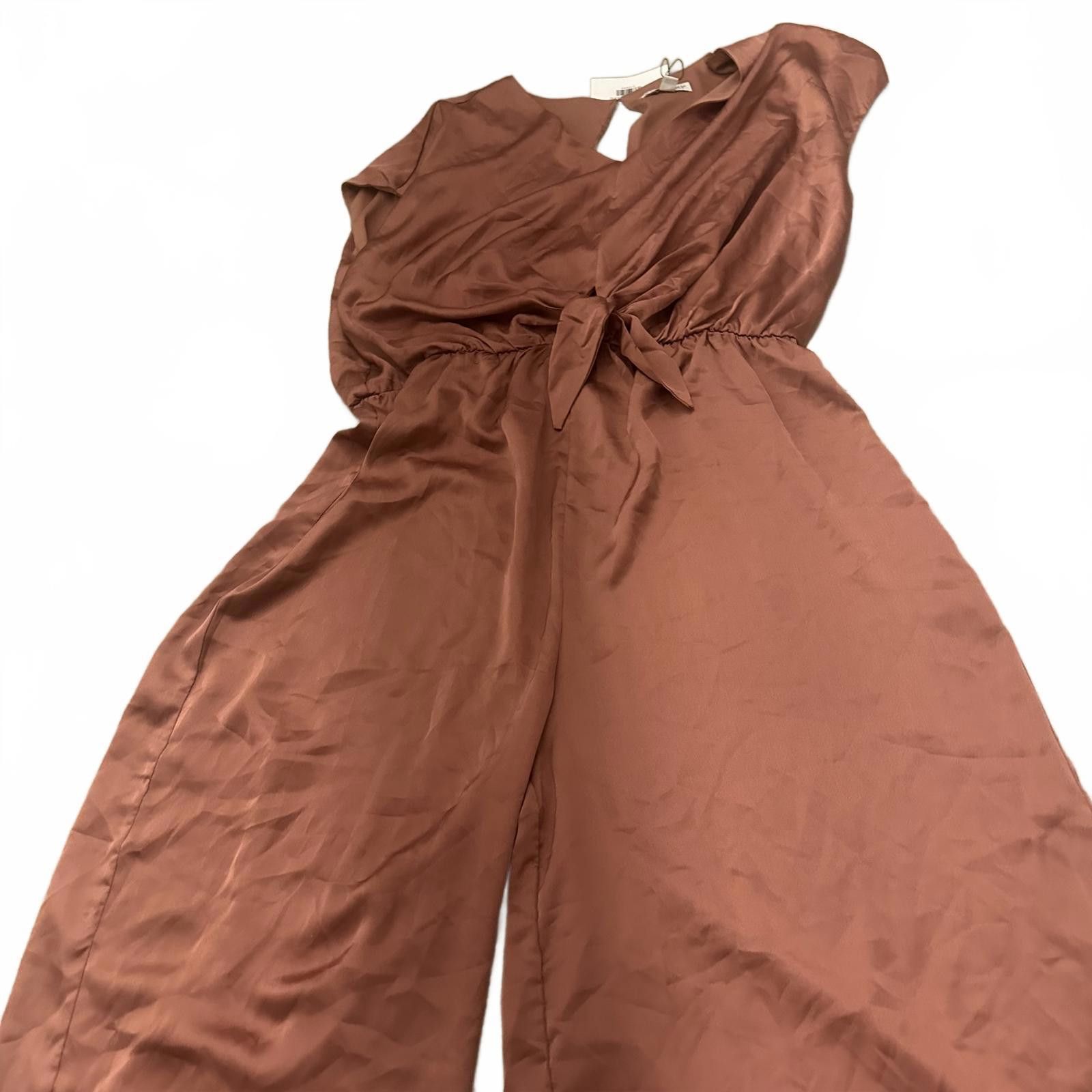 Designer She+Sky NWT Chic Brown Satin Jumpsuit with Tie Waist Size ONE SIZE - 2 Thumbnail