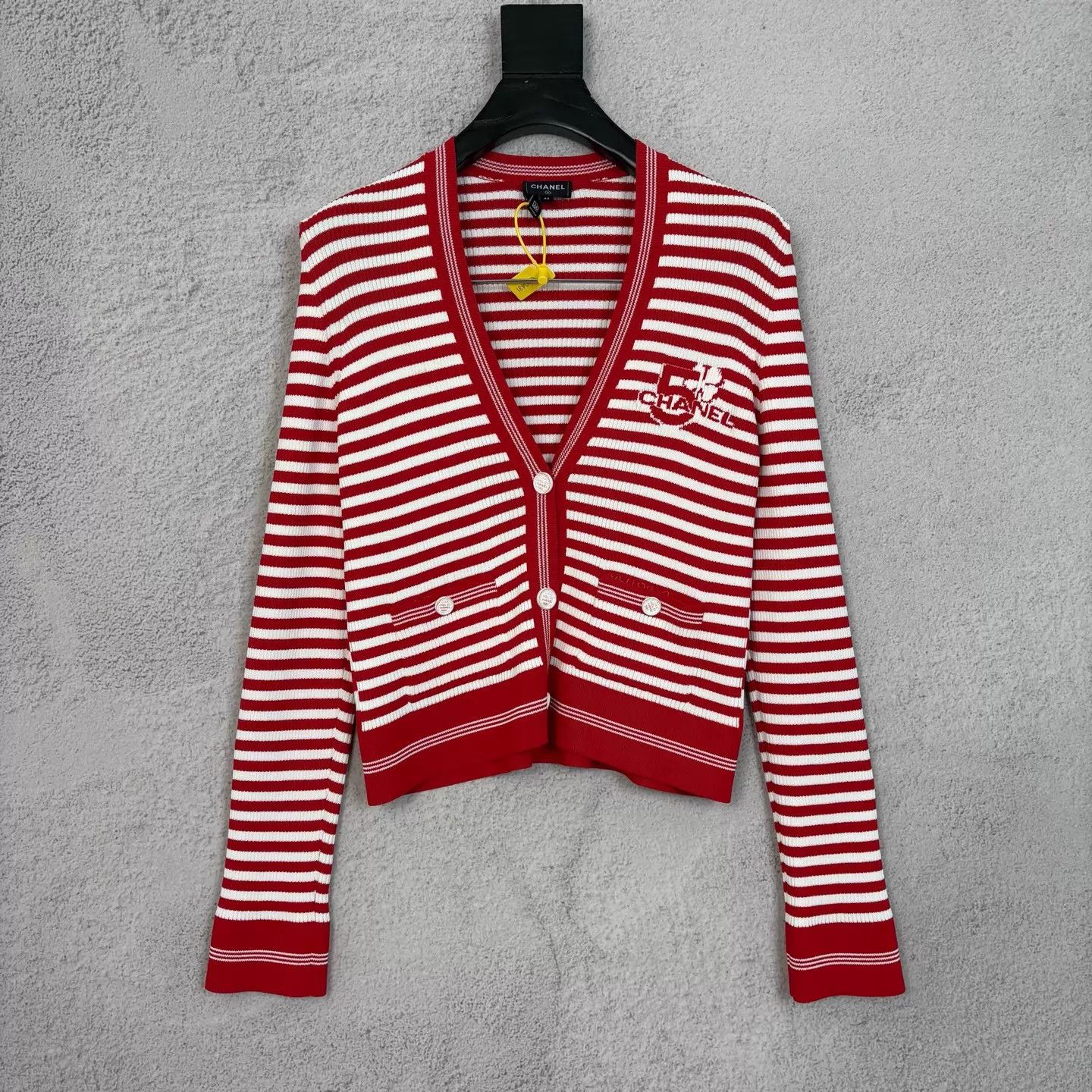 Chanel Chanel red/white colorblocked striped V-neck long cardigan Size M / US 6-8 / IT 42-44 - 1 Thumbnail