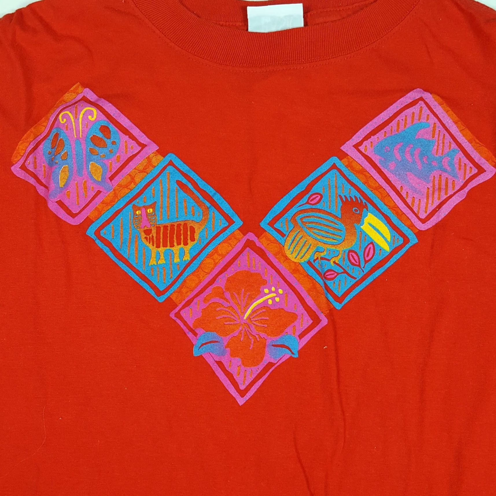 Vintage VTG 90s Tropical Island Art Men's 2XL Red T Shirt Surf Fish Beach Summer Simply Basic Crew Neck Short Sleeve Vintage Size US XXL / EU 58 / 5 - 5 Thumbnail