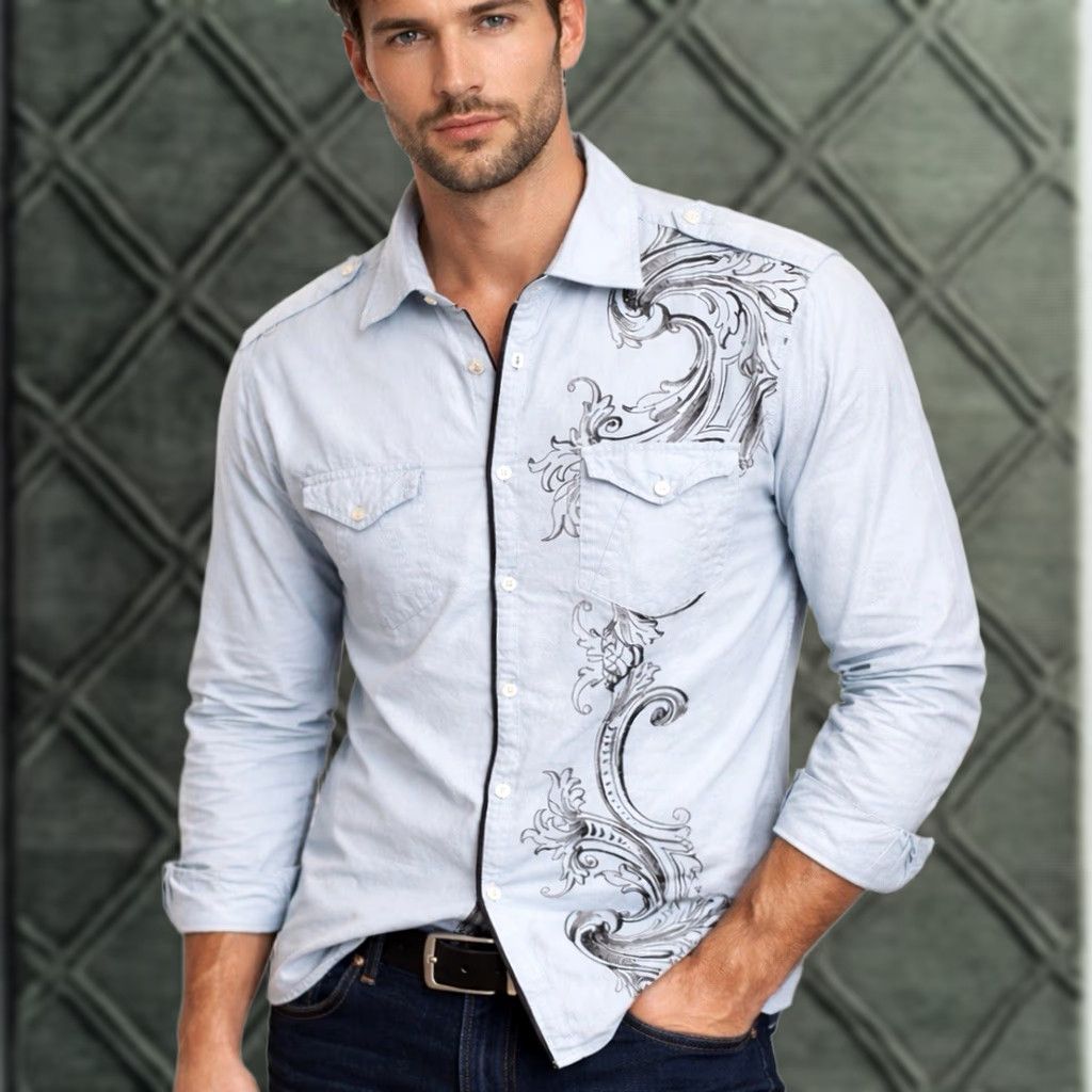 Guess VINTAGE Guess Jeans Button-Up Shirt Men Long Sleeve Blue Cotton Graphic Western Size US L / EU 52-54 / 3 - 1 Thumbnail