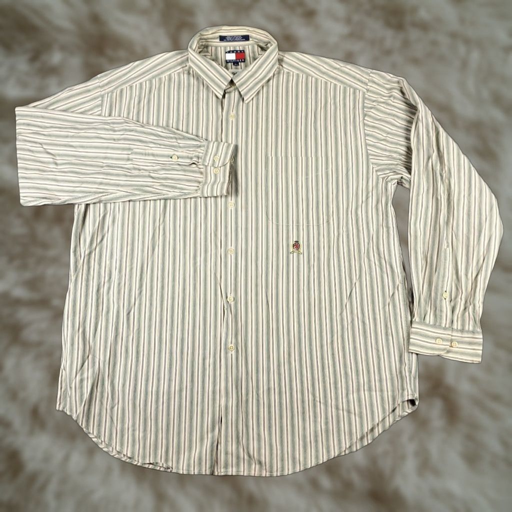 Tommy Hilfiger Tommy Hilfiger Shirt XL Beige Green Striped Button-Up Long Sleeve Stained Mens Size US XL / EU 56 / 4 - 1 Thumbnail