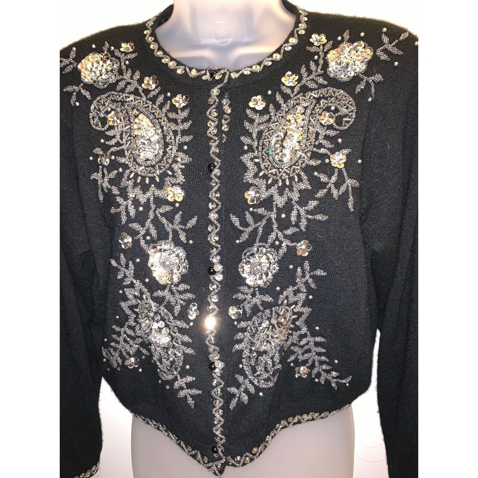 Express Vtg EXPRESS Hand Beaded Sequined Black Angora/Lambswool Card Size S / US 4 / IT 40 - 4 Thumbnail
