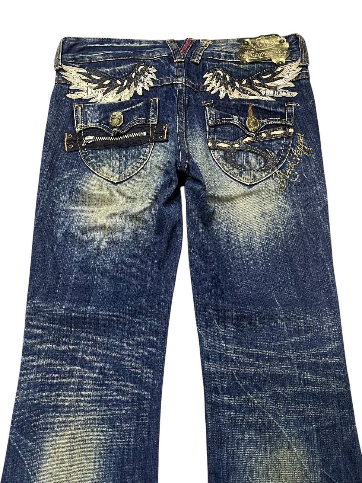 Japanese Brand × LOWBOX × semanticdesign Red Pepper Japan Leather Feather Wings Mud Wash Flare Jeans Size US 30 / EU 46 - 5 Thumbnail