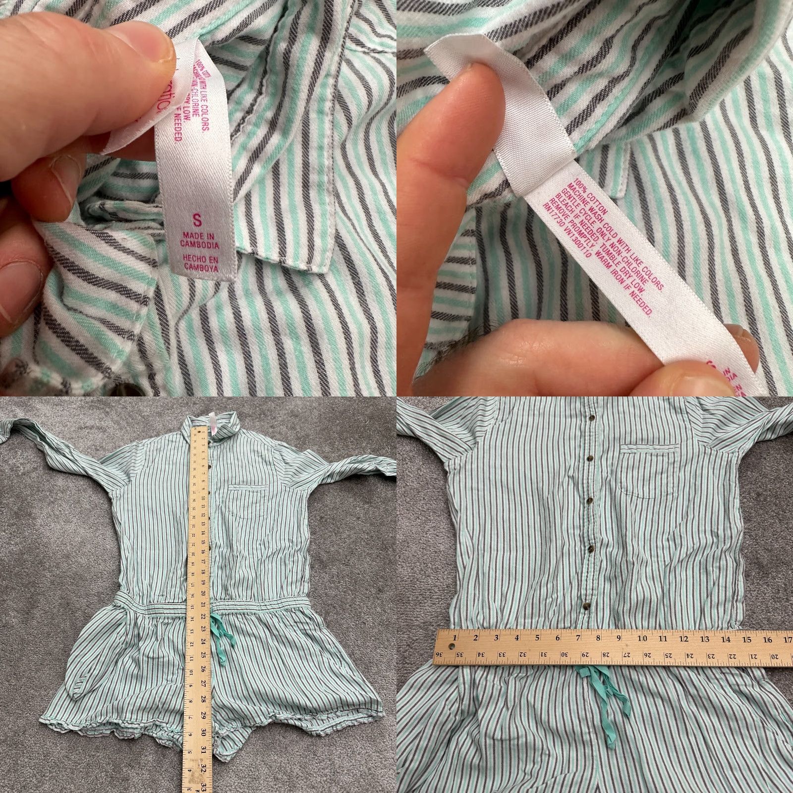 Vintage Xhilaration Romper Shirt Womens Small Green Striped Long Sleeve Casual One-Piece Cardigan? wait. Size S / US 4 / IT 40 - 8 Thumbnail