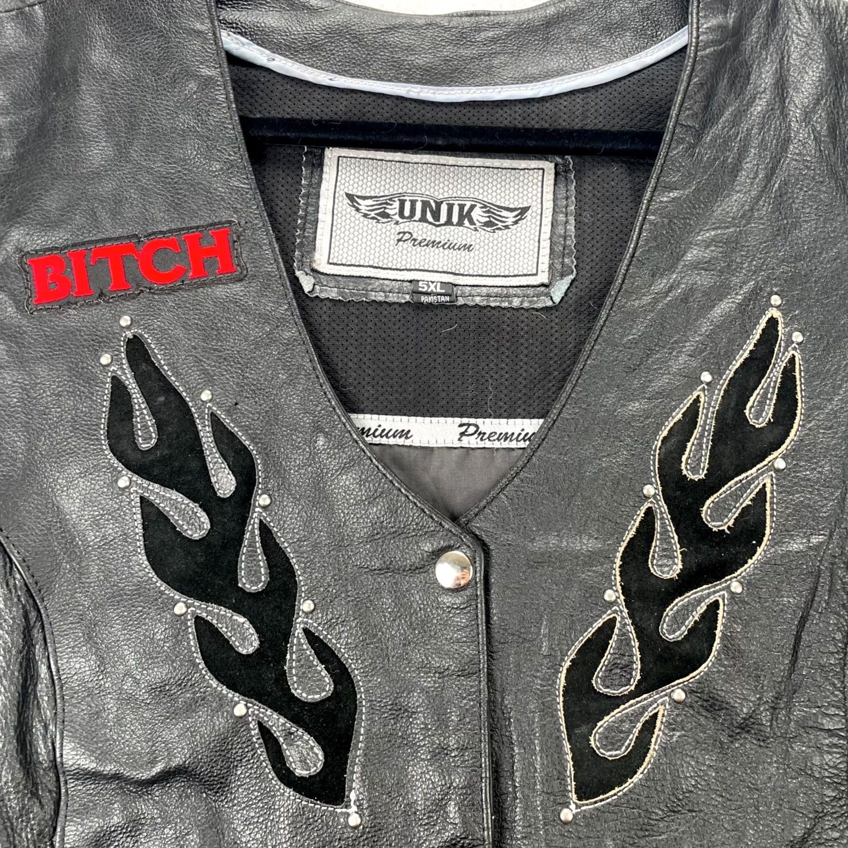 Vintage VINTAGE Unik Vest Womens 5XL Black Leather Premium Biker Bitch Flames Motorcycle Jacket/Coat Vest Size XXL / US 16-18 / IT 52-54 - 2 Thumbnail