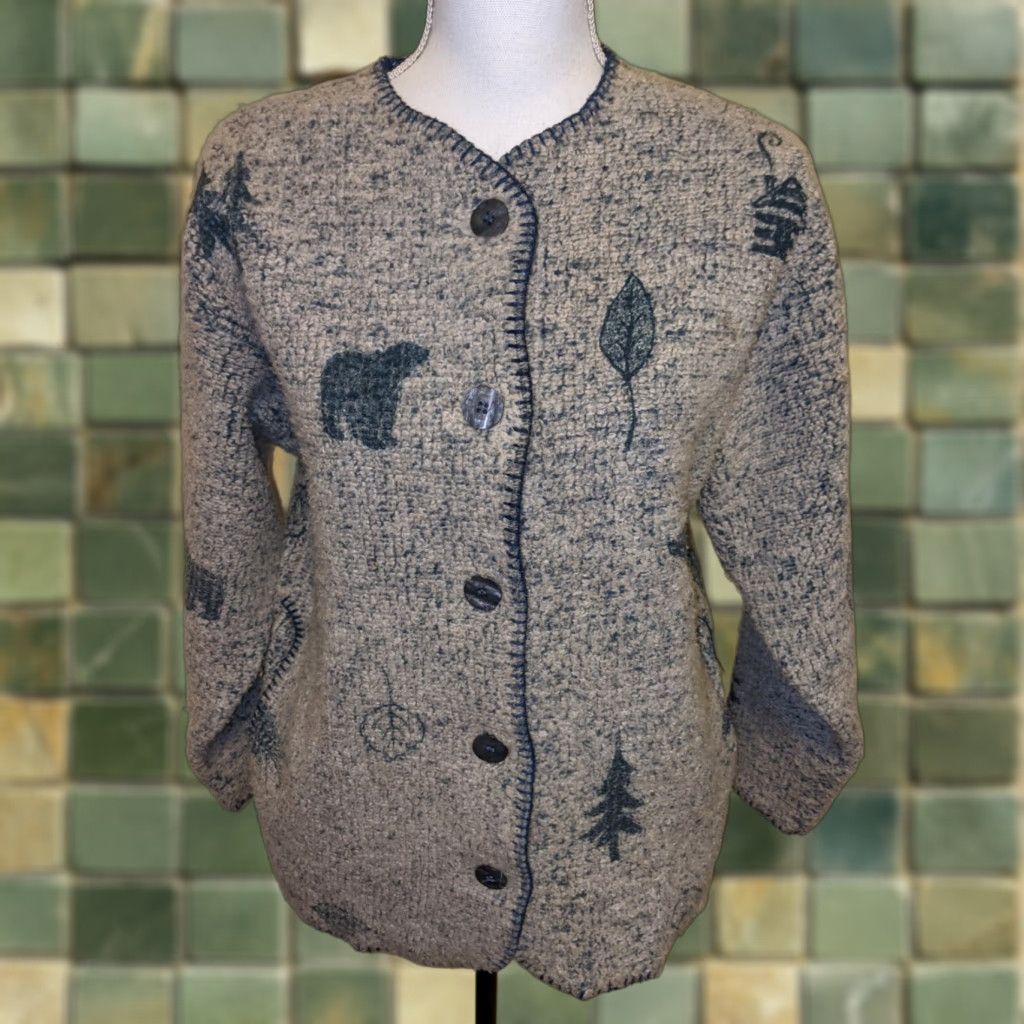 Vintage VINTAGE Artisans Cardigan Sweater Oversized Blue White Bear Leaf 90s Fleece Medium Womens Size M / US 6-8 / IT 42-44 - 1 Thumbnail