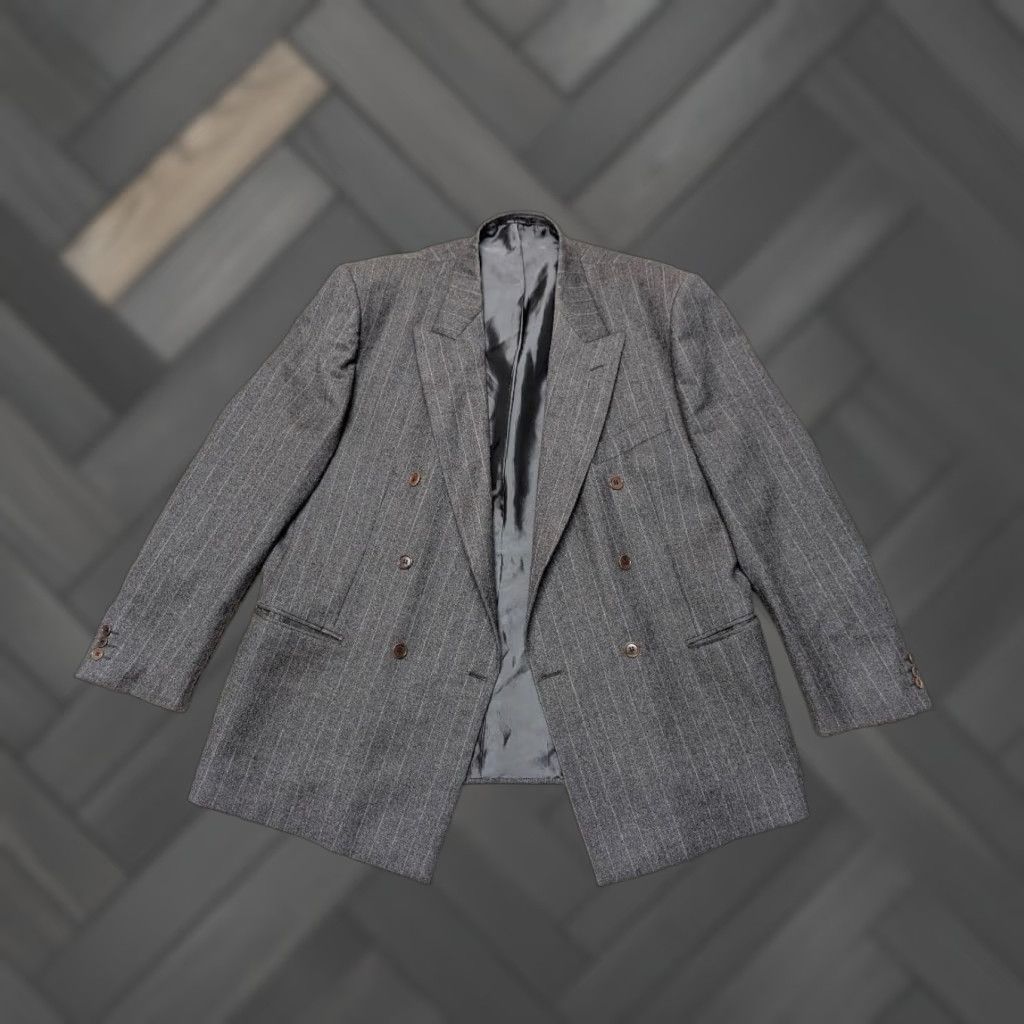 Doublet Lebole 46L Double-Breasted Blazer Pinstripe Flannel Wool Italy Men Blazer Vintage 1980s-90s Pinstripe Gray 46L Mens Size 46R - 1 Thumbnail