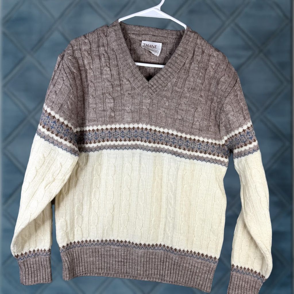 Vintage VINTAGE Thane Sweater Womens Large Brown Cream Fair Isle Cable Knit V-Neck Size L / US 10 / IT 46 - 1 Thumbnail
