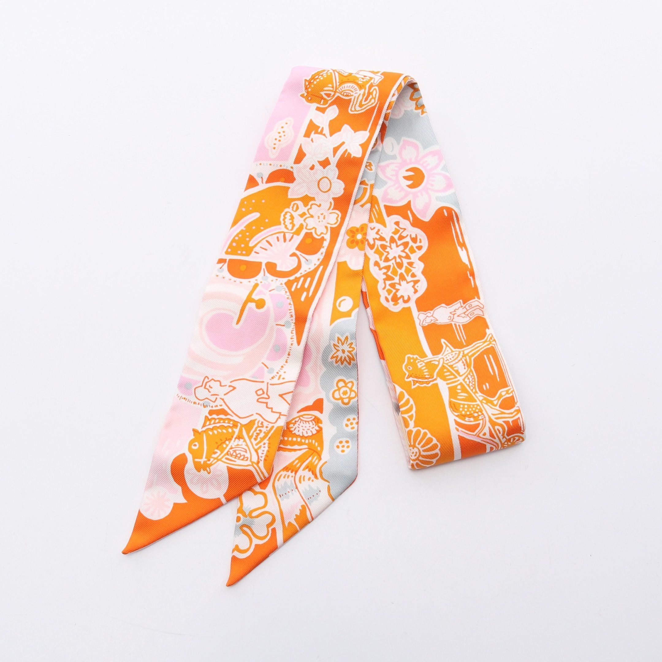Hermes Twilly Bingata Ribbon Scarf Silk Orange Pink Multicolor