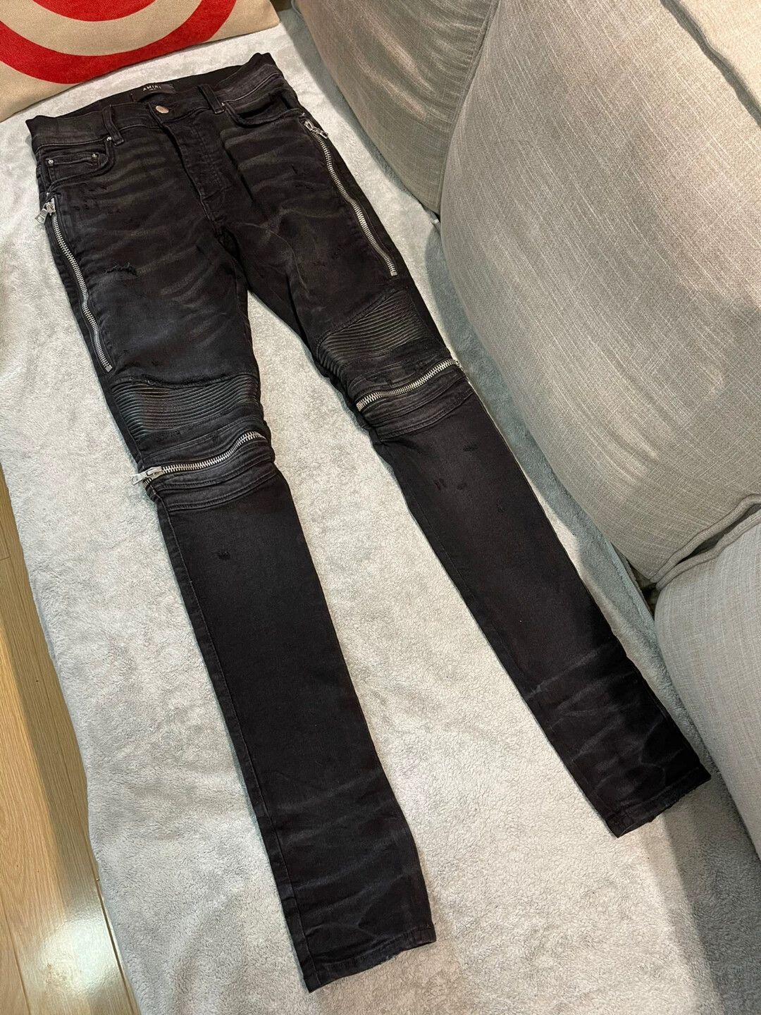 Amiri Amiri Classic MX2 Black Grey Washed Zipper Spliced Amiri Amiri Classic MX2 Black Grey Washed Zipper Spliced