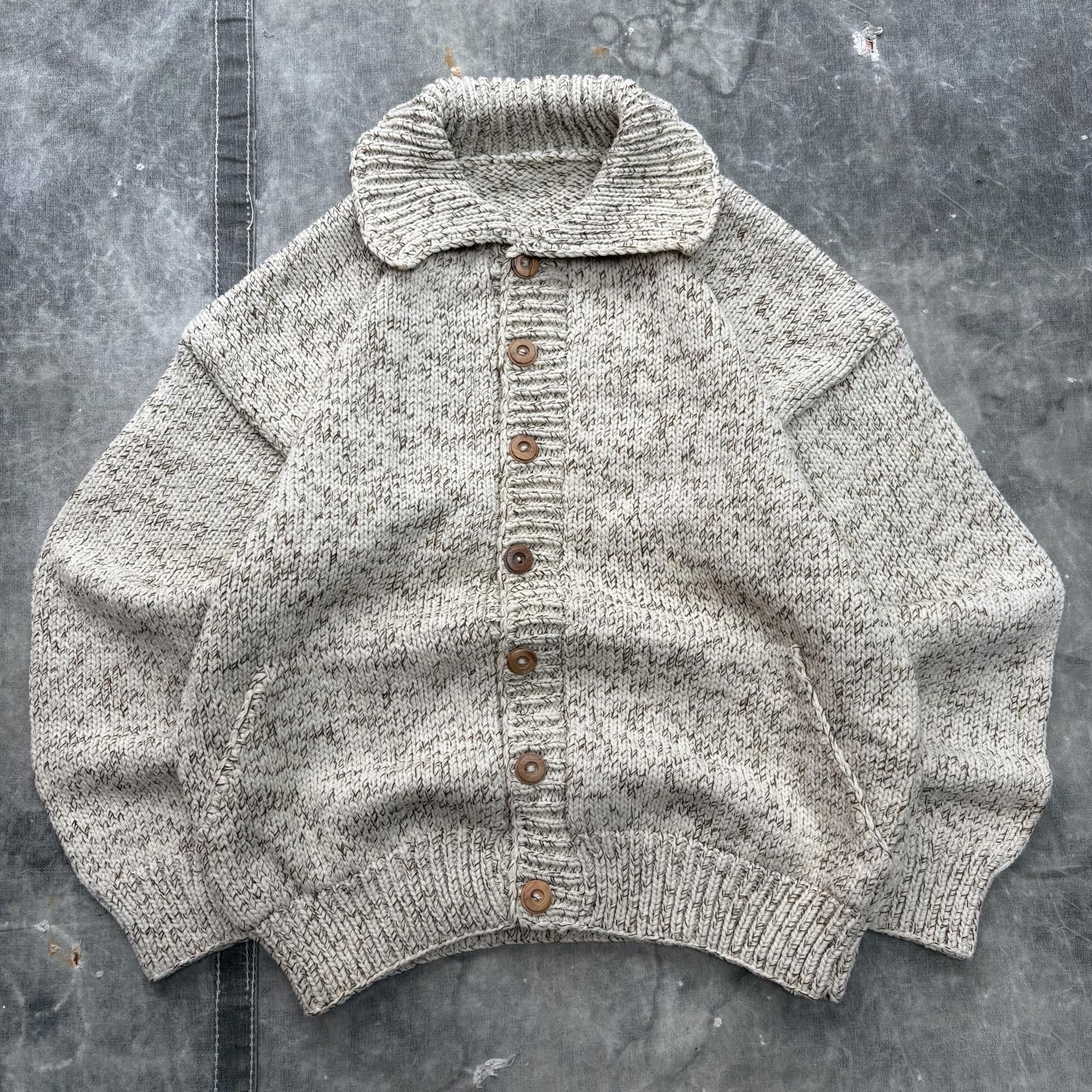 Vintage Vintage 80s Cream Tweed Chunky Hand Knit Sweater Cardigan Size US L / EU 52-54 / 3 - 1 Thumbnail