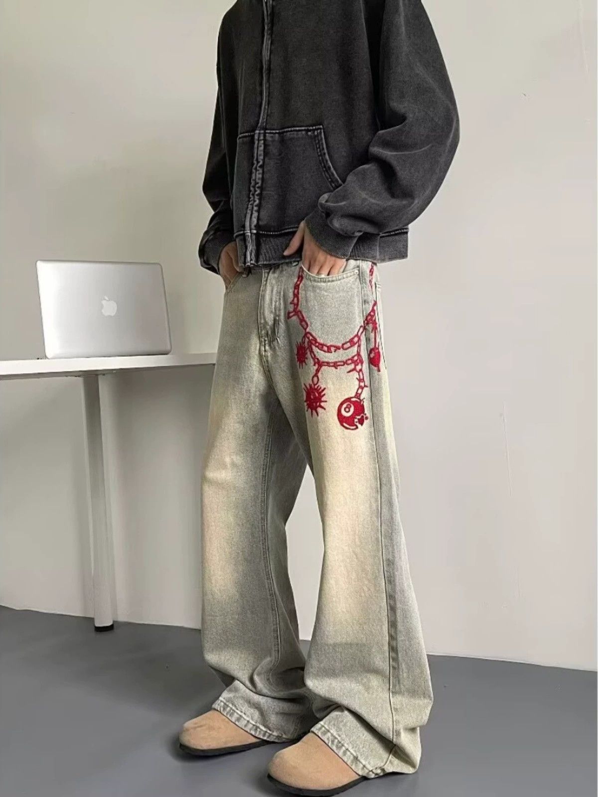 Jean Retro distressed hiphop straight embroidered flared jeans Size US 32 / EU 48 - 4 Thumbnail
