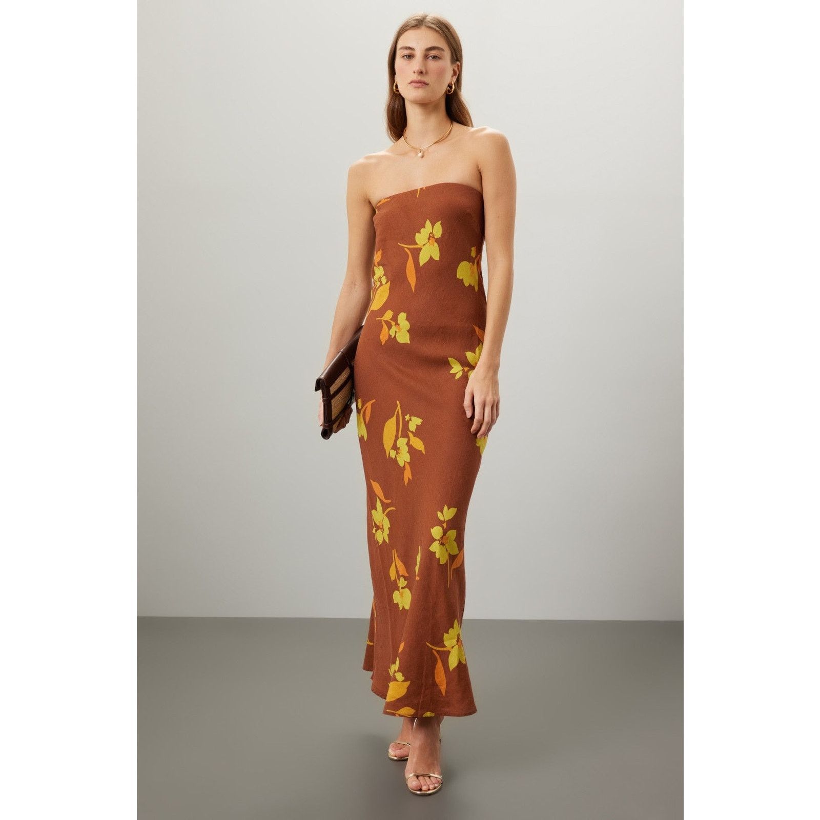 Other RTR Soleil Soleil 5 Brown Floral Linen Strapless Maxi Dress Size XXL / US 16-18 / IT 52-54 - 1 Thumbnail