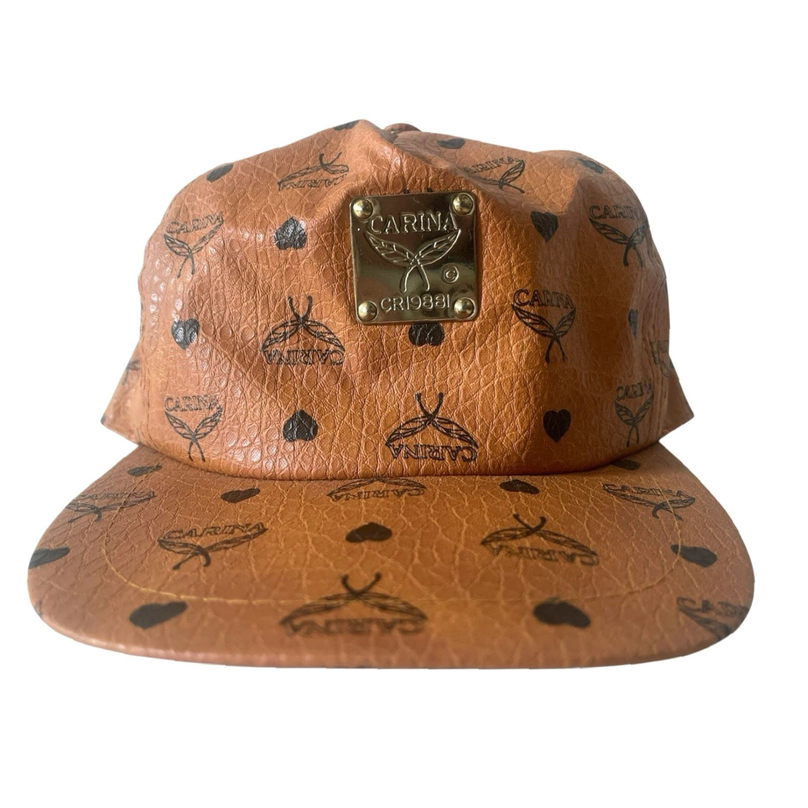 Vintage VINTAGE Carina vegan leather snapback hat cap mens OSFA deadstock NWOT 80s cognac brown leather brass patch 80s baseball cap Mens Size ONE SIZE - 2 Thumbnail