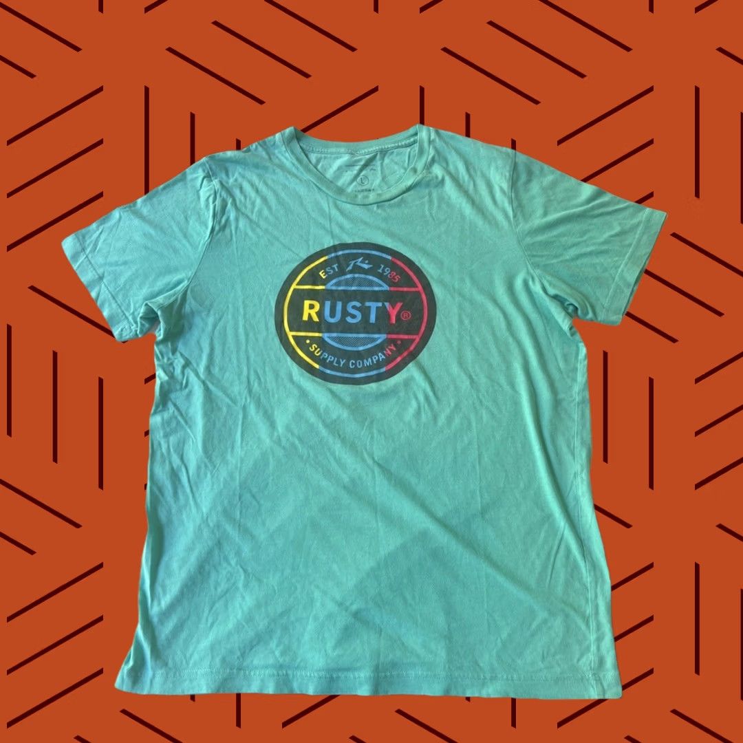 Rusty Rusty Shirt Mens L Blue Vtg Surfboards Est Supply Company Logo Surfer Aqua Green Size US L / EU 52-54 / 3 - 1 Thumbnail