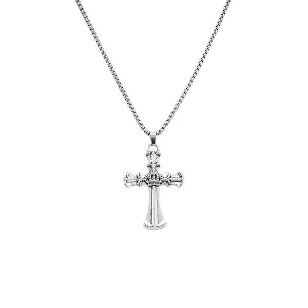 Jewelry Silver Crown Cross Pendant Necklace, Men's Religious Jewelry Size ONE SIZE - 4 Thumbnail