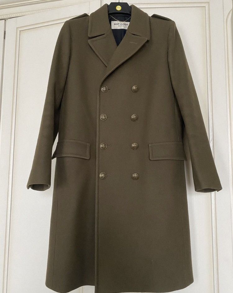 image of Saint Laurent Paris Wool Double Breasted Button Detail Coat in Brown, Men's (Size Small)