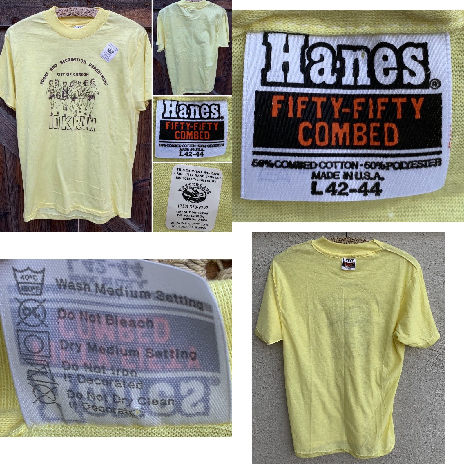Hanes VINTAGE Parks And Recreation Department City Of Carson 10K Run T Shirt Sz L Men Yellow Short Sleeve Hanes Size US L / EU 52-54 / 3 - 9 Thumbnail