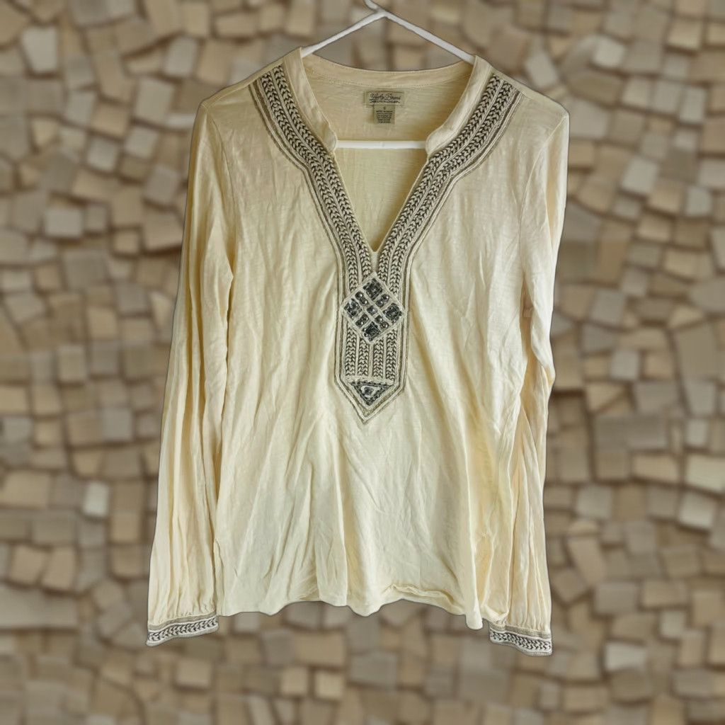 Lucky Brand Lucky Brand Blouse Women's Size S Cream Embroidered w/ Pearls V-Neck Long Sleeve Shirt Size S / US 4 / IT 40 - 1 Thumbnail