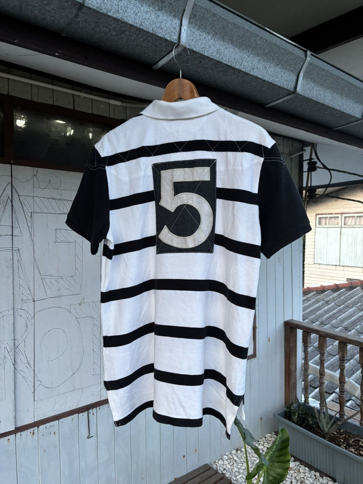 Polo Ralph Lauren Polo RL Champ Shield 5 Patch Black & White Striped Polo Size US L / EU 52-54 / 3 - 8 Thumbnail