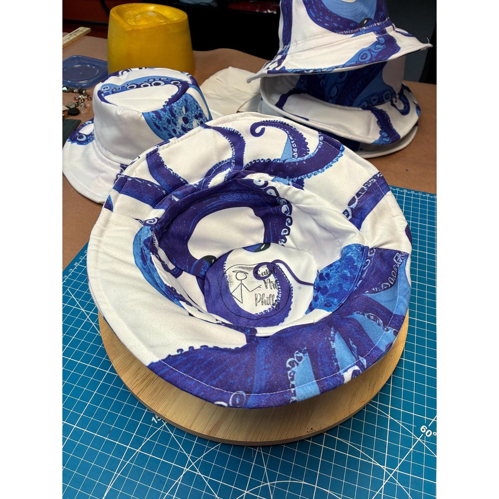 Other Upcycled Coastal Bucket Hat – Blue & White Octopus Print, Size ONE SIZE - 19 Thumbnail