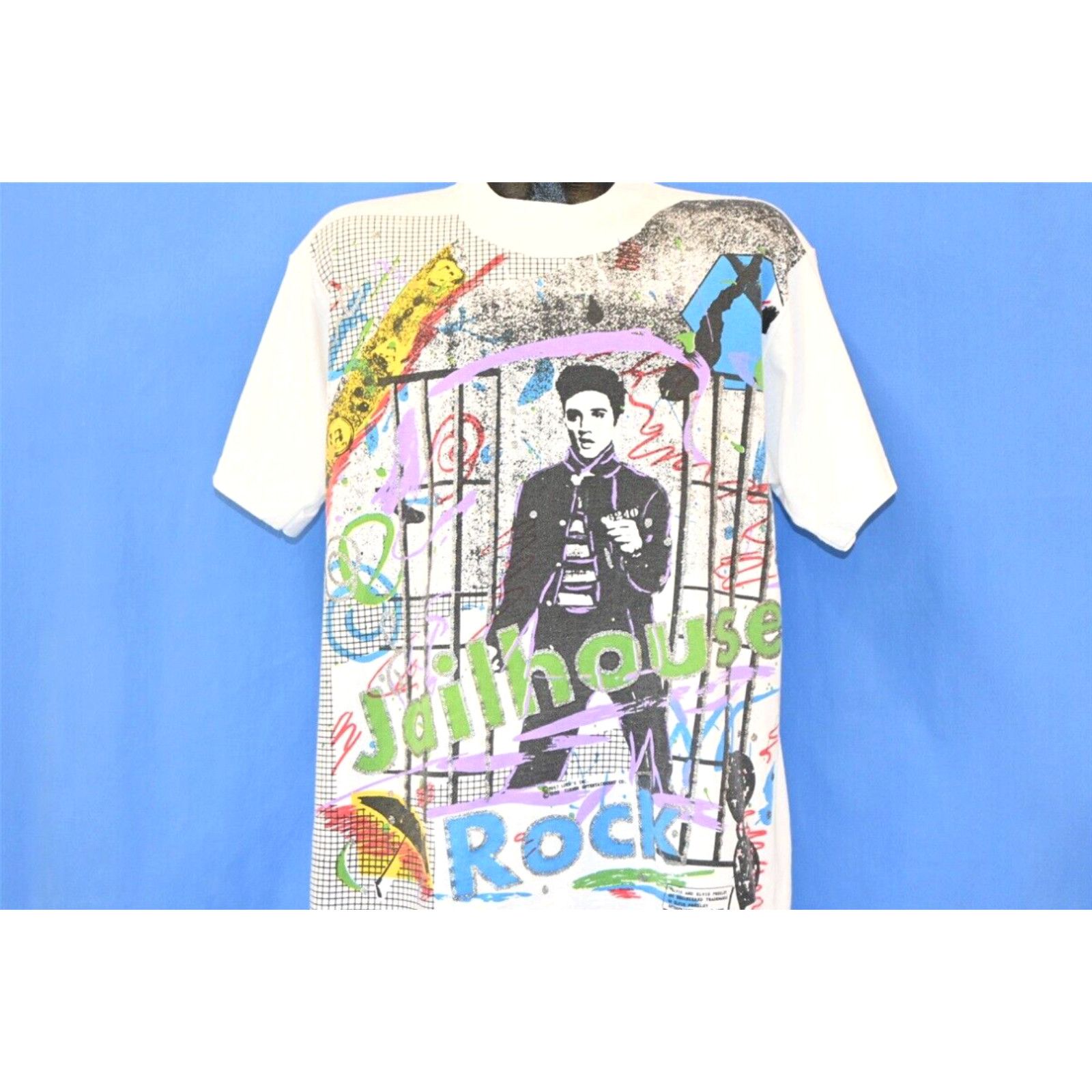 image of Screen Stars Vintage 80's Elvis Presley Jailhouse Rock Graffiti Glitter Rock N Roll T-Shirt XL in W