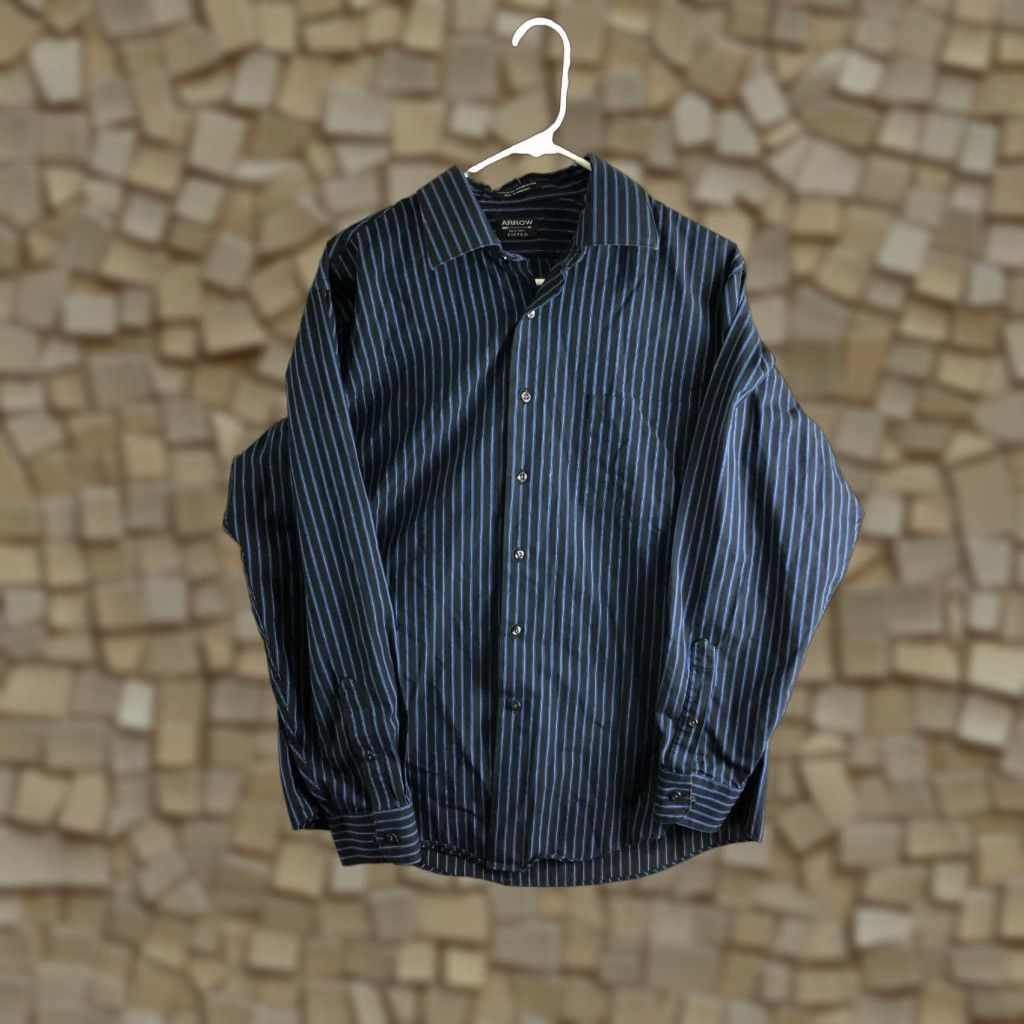 Arrow Arrow Shirt XL Blue Striped Mens Long Sleeve Spread Collar Wrinkle Free Button-Up Regular Fit Apparel Size US XL / EU 56 / 4 - 1 Thumbnail