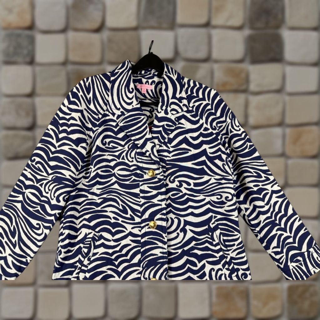 Lilly Pulitzer Jacket Womens M Blue White Abstract Swirl Print Pockets Overcoat