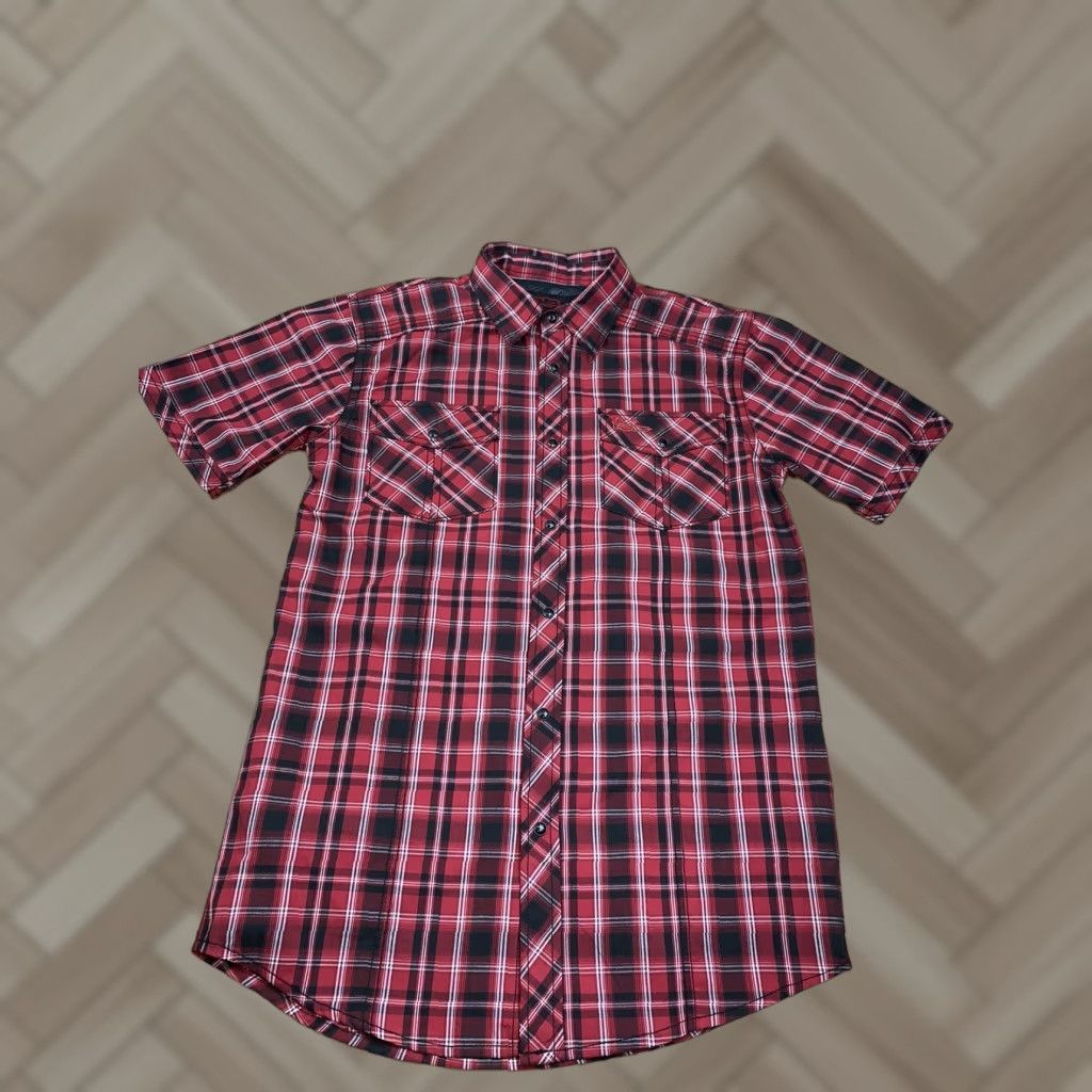 No Fear No Fear Button-Up Shirt Plaid Red Short Sleeve M Pearl Snap Men Size US 31 - 1 Thumbnail
