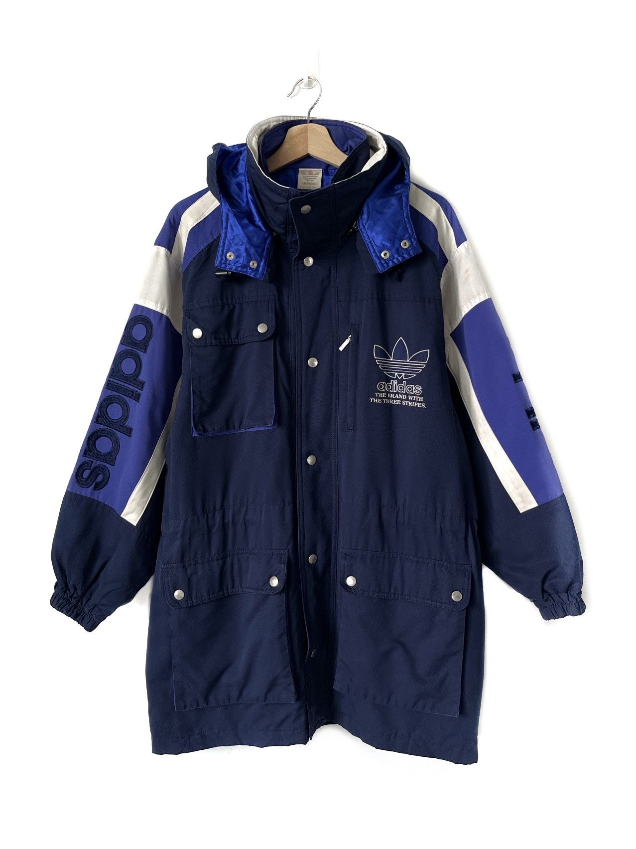 image of Affordable 90's Adidas Hooded Coat Descente in Blue, Men's (Size Large)