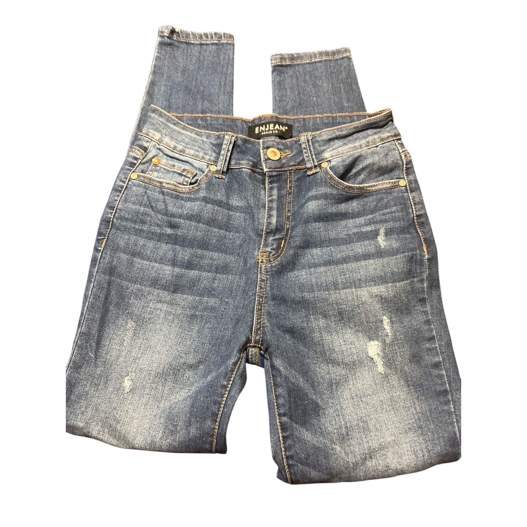 Other Enjean Denim Co. Distressed Skinny Jeans Blue Denim Size 3 Size 24" / US 00 / IT 34 - 2 Thumbnail