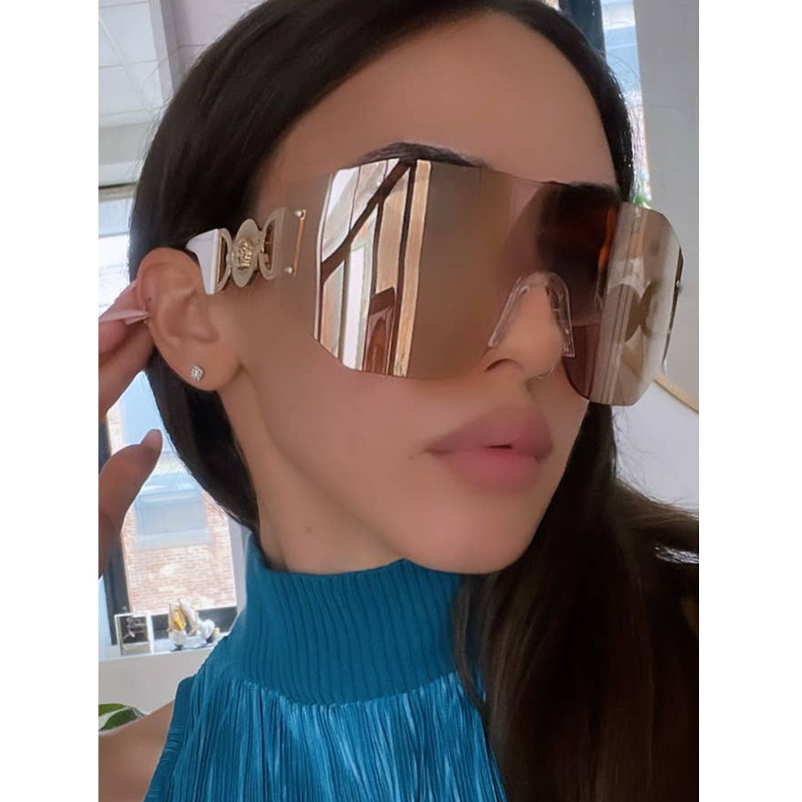 image of New Versace Ve2258 Mask Shield Sunglasses In Pink Mirrored in Gold, Men's