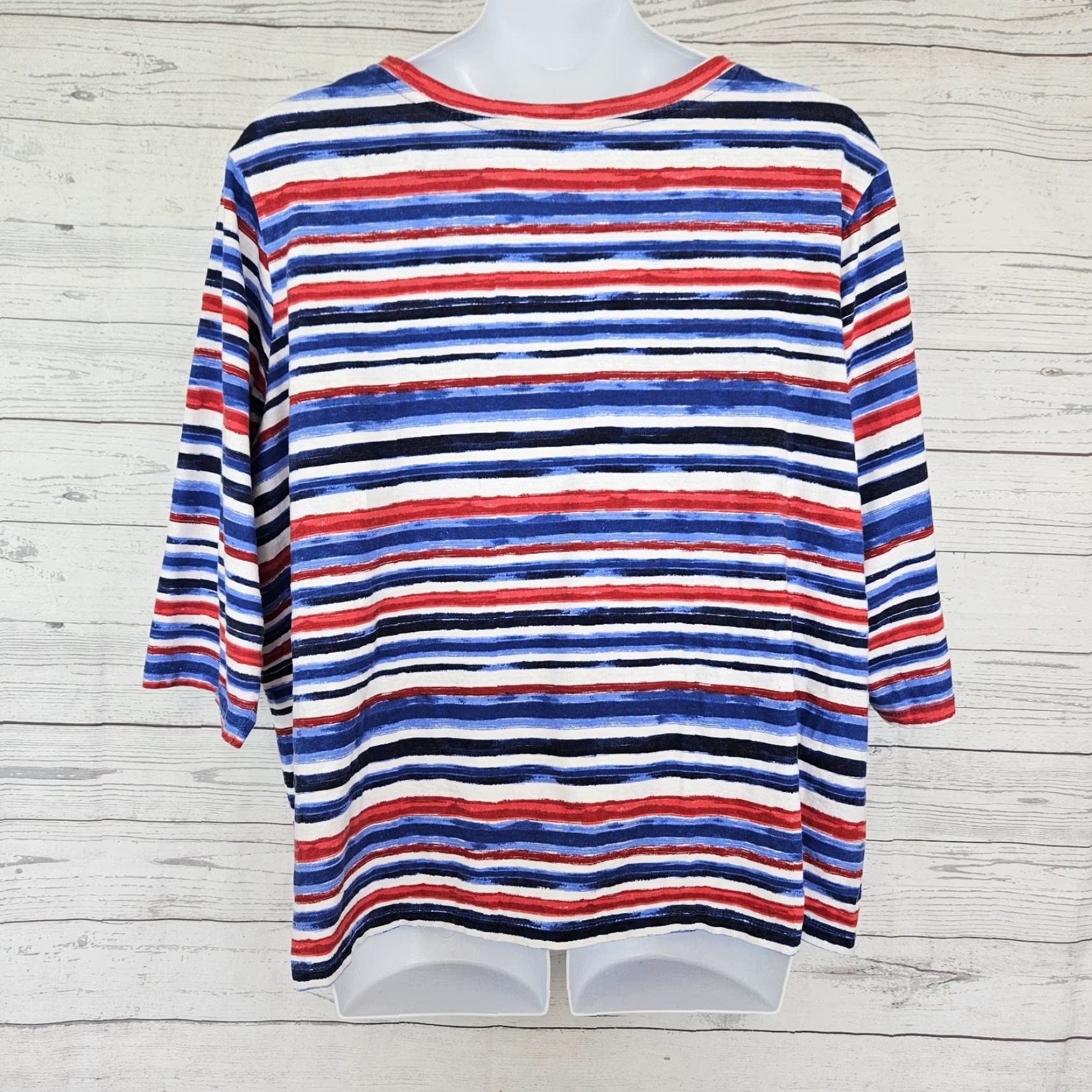 Vintage Woman Within Womens Top 3X T-Shirt Blue Red Stripe 3/4 Sleeve Cotton Size XXL / US 16-18 / IT 52-54 - 3 Thumbnail