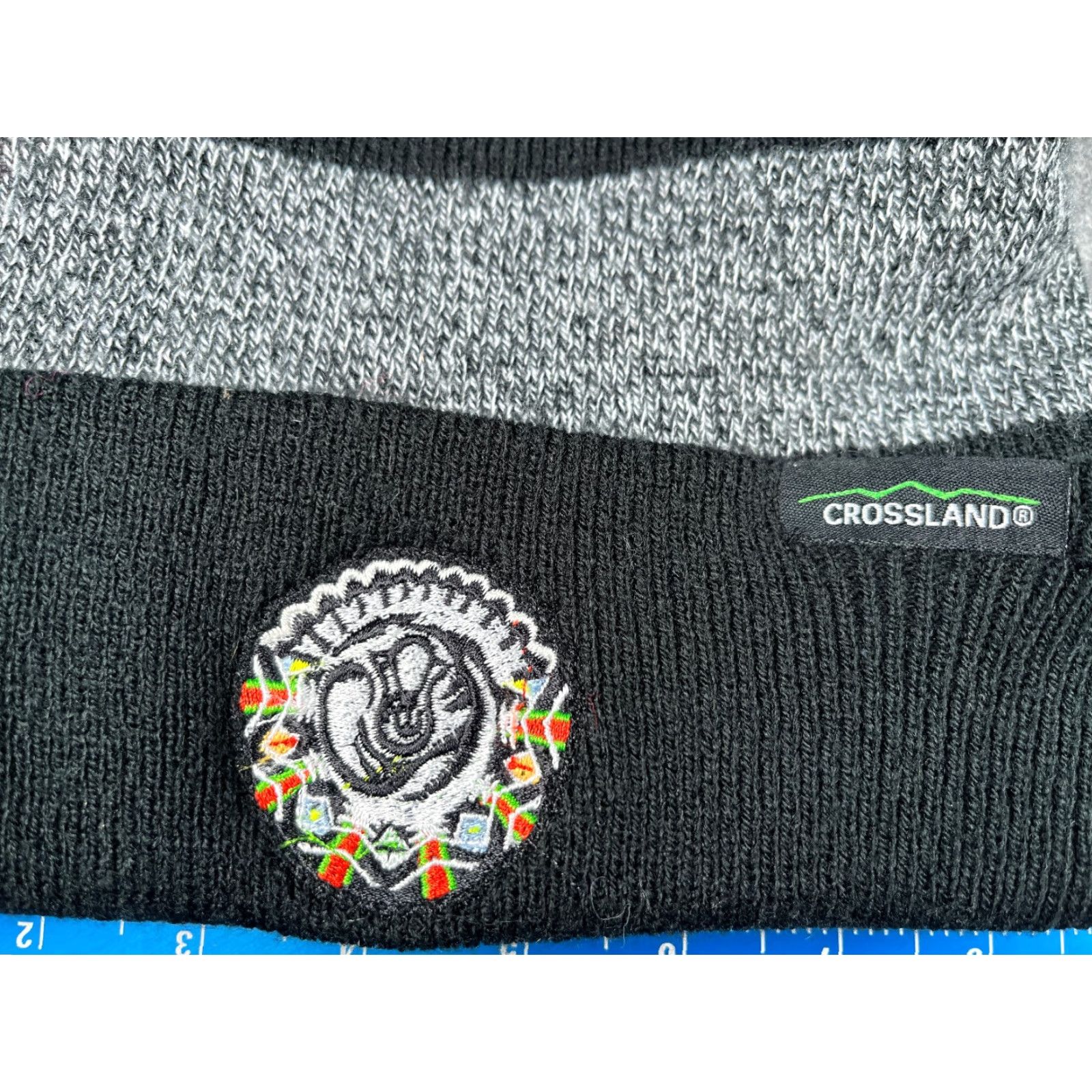 Vintage Crossland Beanie Toque Adult Gray Stripe Knit 100% Acrylic Patch Pom Ski Knit Hat Unisex Adults One Size Gray Beanie Mens Womens Size ONE SIZE - 2 Thumbnail