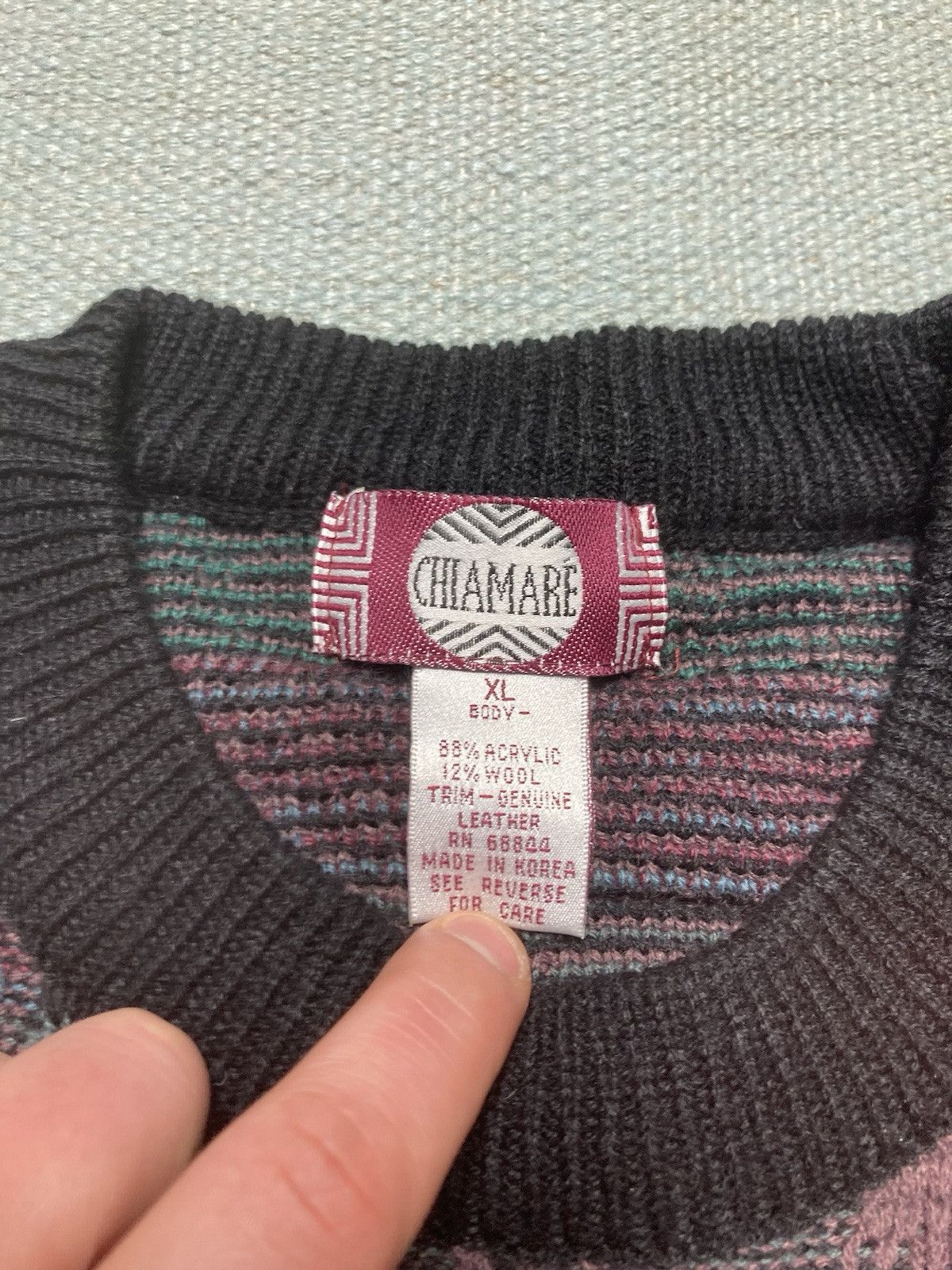 Vintage Vtg knit sweater acrylic wool geometric abstract leather XL Size US XL / EU 56 / 4 - 4 Thumbnail