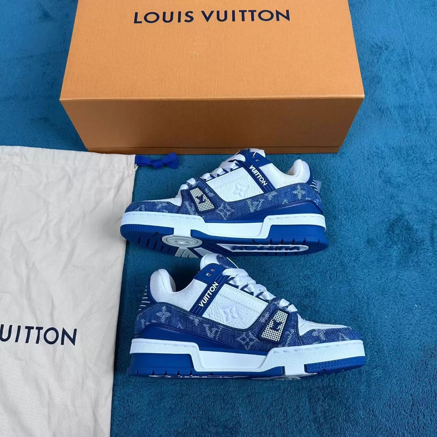Louis Vuitton LV Trainer White Blue All Over Print Denim 2/36 Size US 5.5 / IT 35.5 - 3 Thumbnail