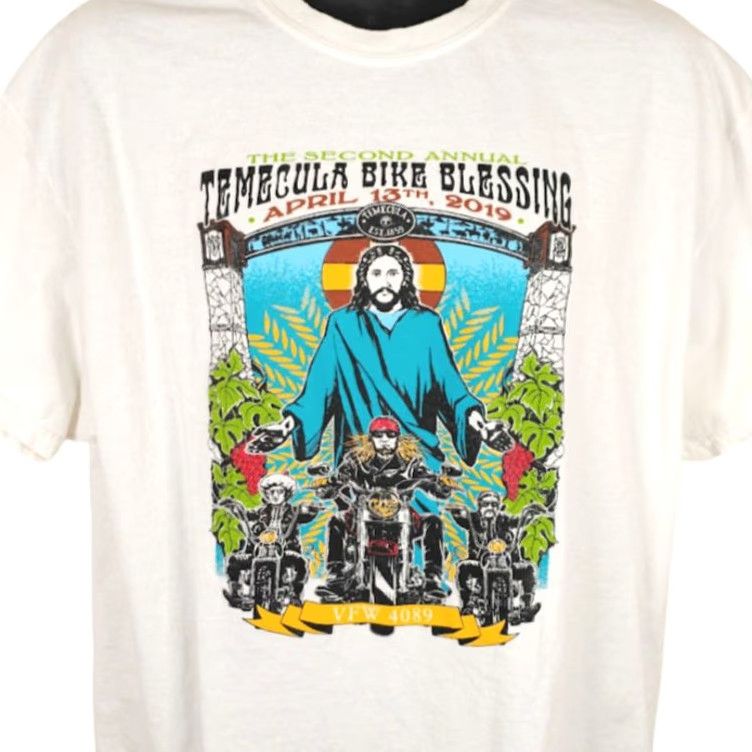 Gildan VINTAGE Biker T Shirt Mens XL White 2019 Temecula Bike Blessing Jesus Christ VFW Factory Gildan Size US XL / EU 56 / 4 - 2 Thumbnail