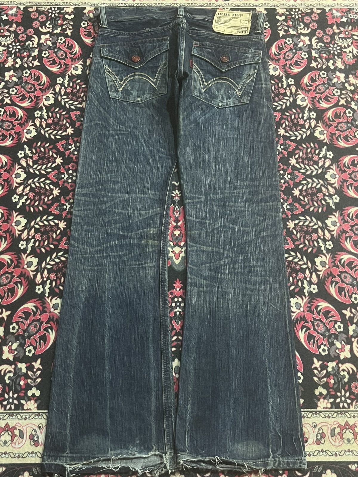 Number (N)ine Edwin 503 Japan Blue Trip Dark Blue Frayed Leg Flare Jeans Size US 30 / EU 46 - 2 Thumbnail