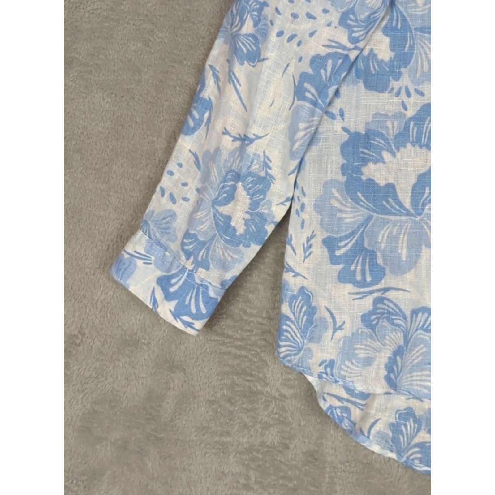 ALOHAS Sigrid Olsen Blouse M Linen Roll Tab Sleeve Button Down Blue Floral Beach Tunic Womens Size M / US 6-8 / IT 42-44 - 5 Thumbnail