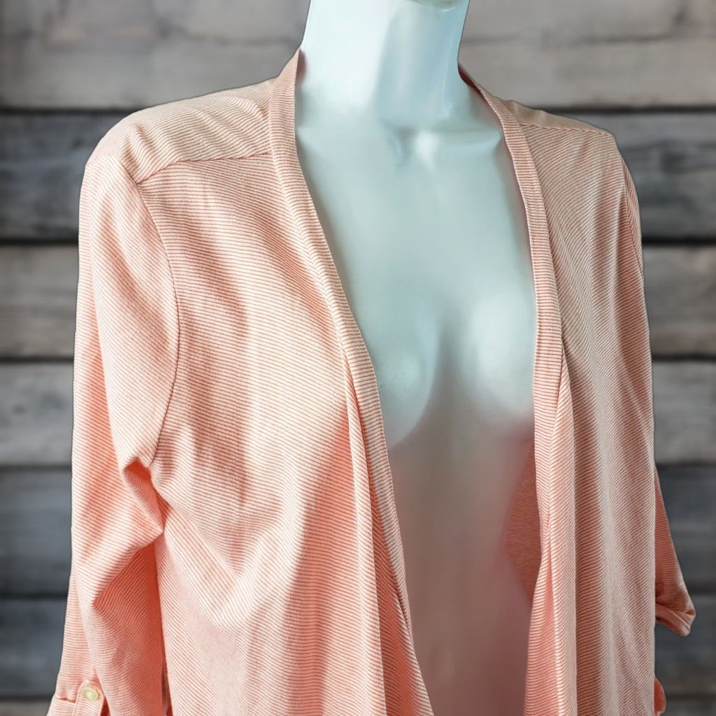 Loft LOFT Ann Taylor Womens Cardigan 3/4 Sleeve Open Front Medium Pink Coral Striped Sweater Womens Size M / US 6-8 / IT 42-44 - 1 Thumbnail