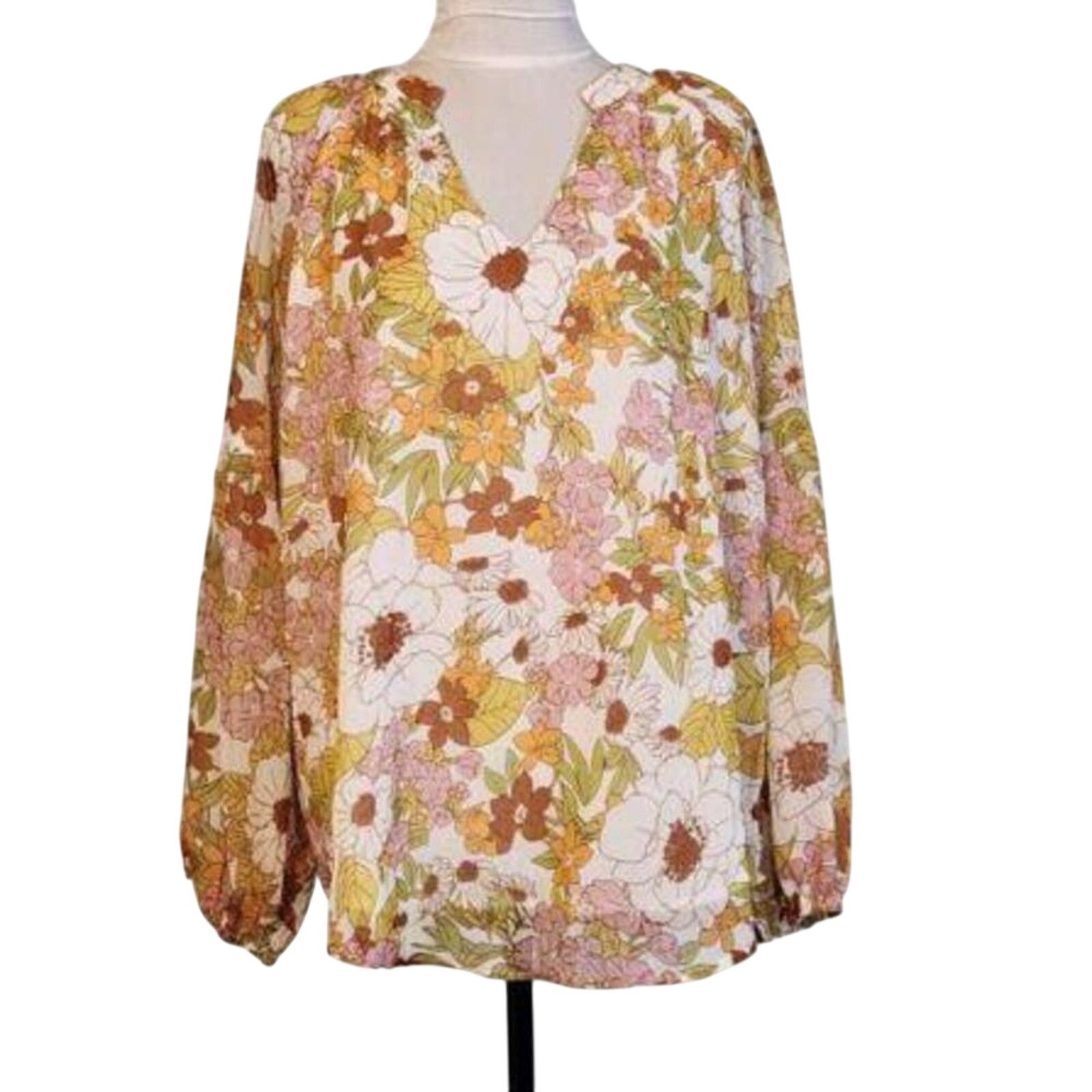 Other BTFBM Size Large Blouse Floral Tan Pink Long Sleeve Boho NWT Size L / US 10 / IT 46 - 1 Thumbnail