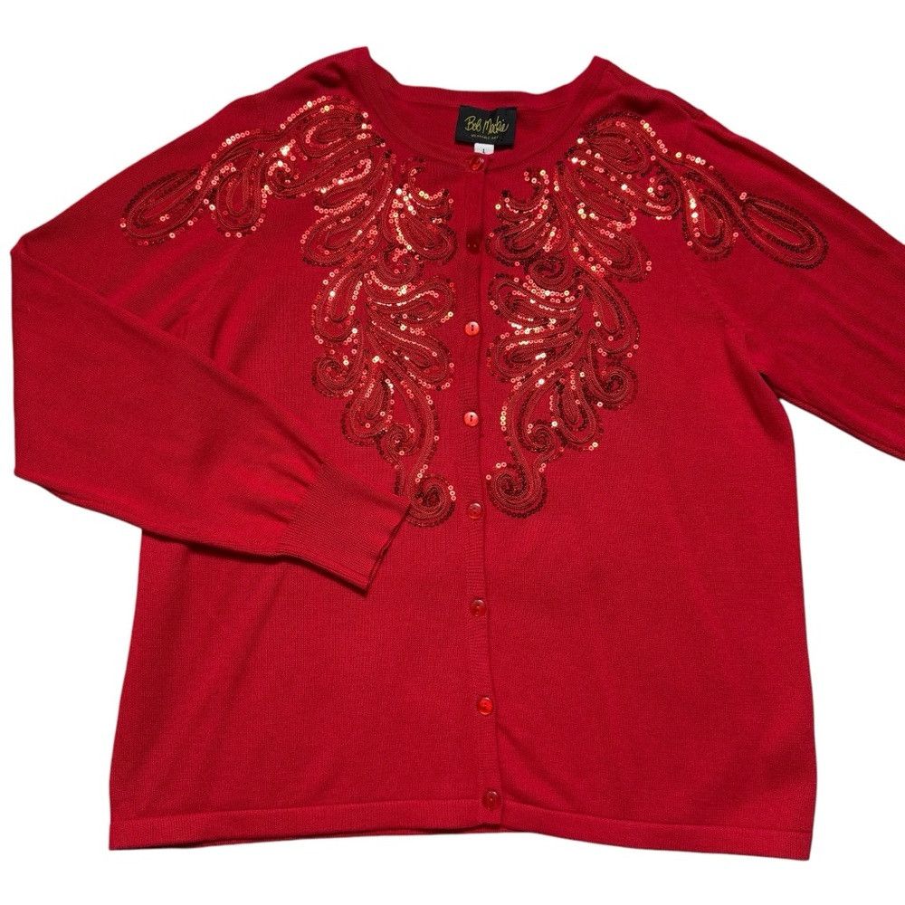 Bob Mackie Vintage Bob Mackie Embroidered Sequin Cotton Red Cardigan S Size L / US 10 / IT 46 - 5 Thumbnail