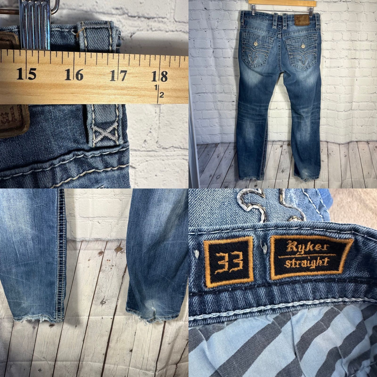 Vintage Rock Revival Jeans 34 Men Straight Denim Blue 5-Pocket Embroidered Distressed Logo Patch Leather Ride Biker Mid Lift 32 Inseam Mens Size US 34 / EU 50 - 8 Thumbnail