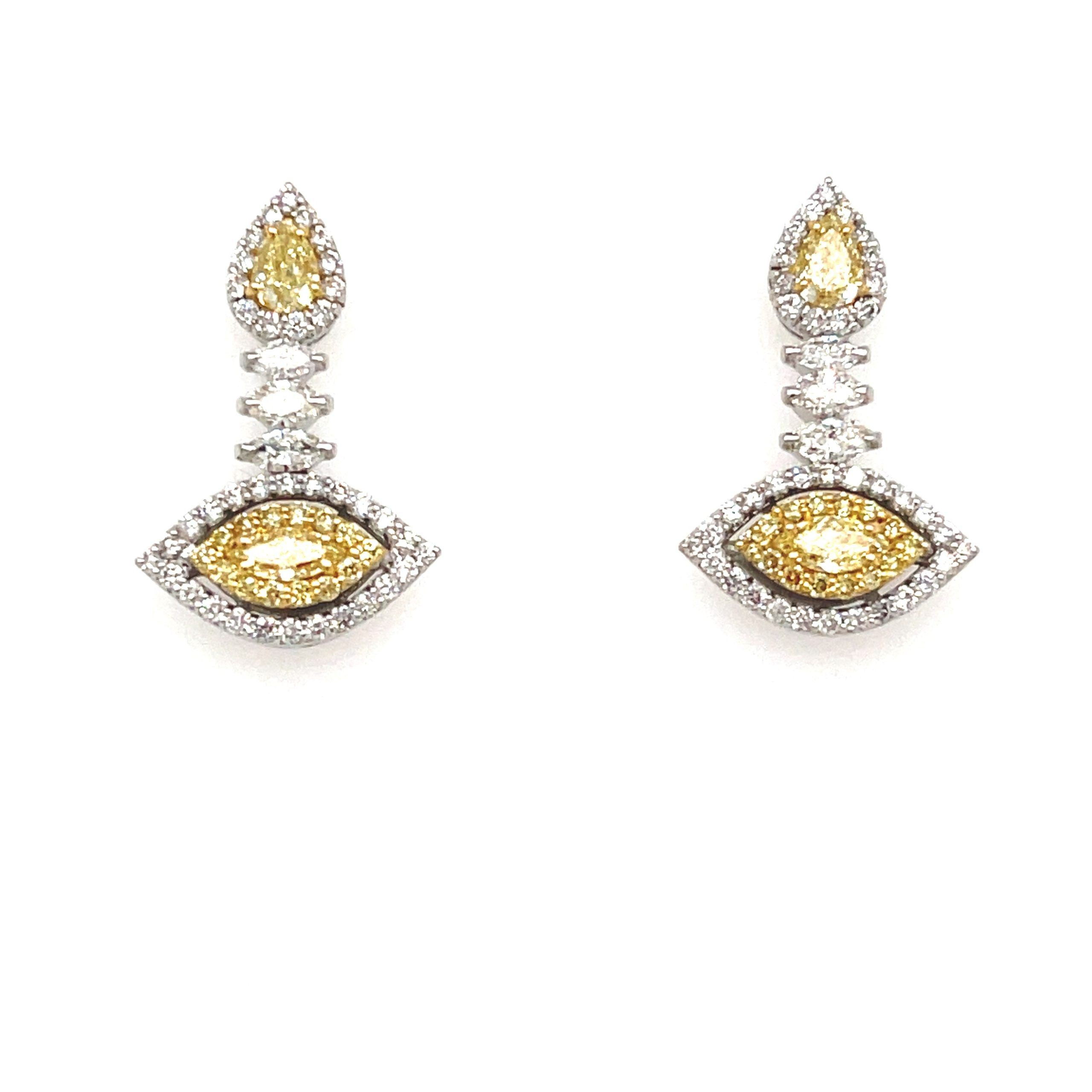 image of Yellow Diamond Pear & Marquise Drop Earrings In 18K White Gold (1.78 Ctw), Women's
