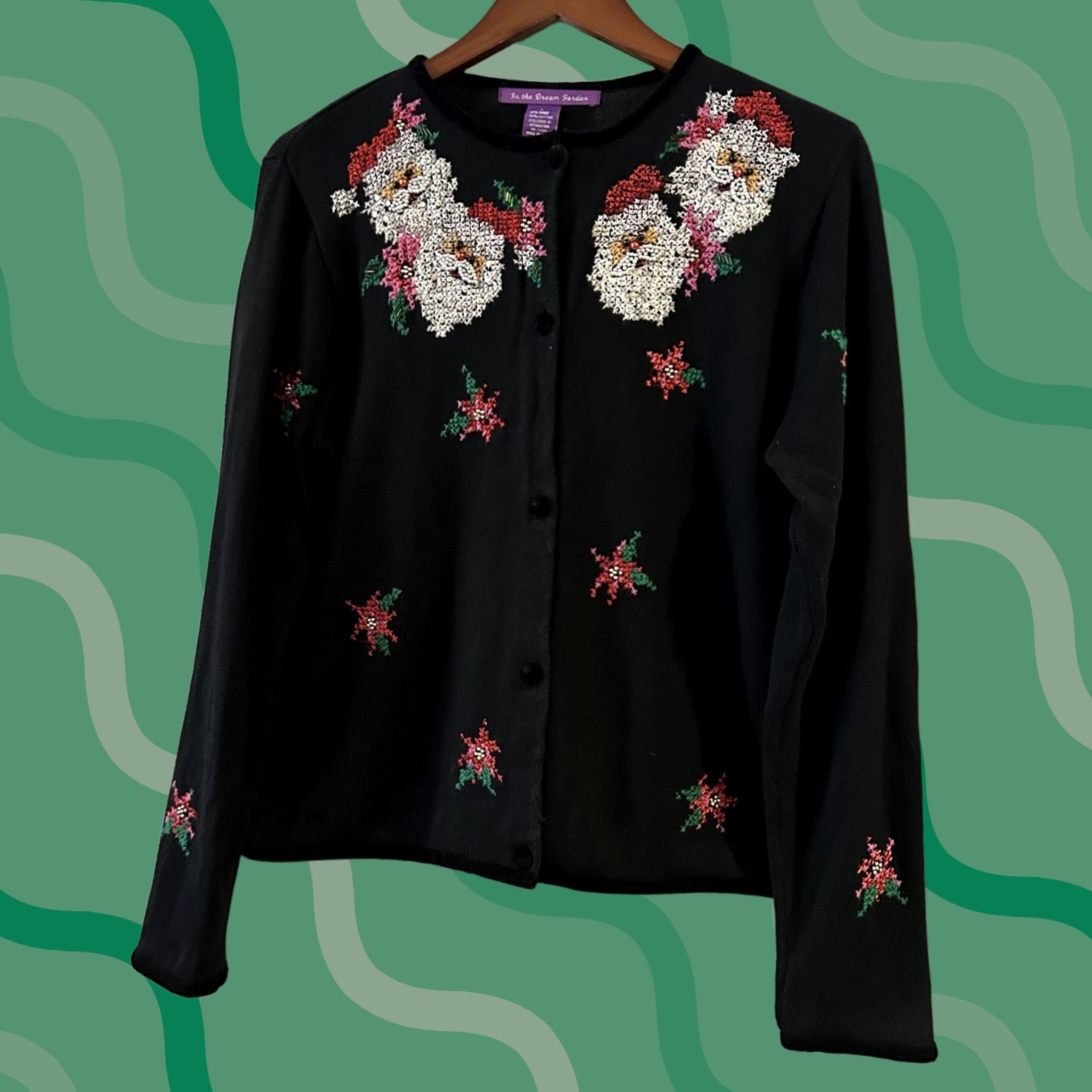 Vintage VINTAGE In The Dream Garden Santa Christmas Cardigan Women L Black Knit Cotton Blend Sweater Long Sleeve - Size L / US 10 / IT 46 - 1 Thumbnail